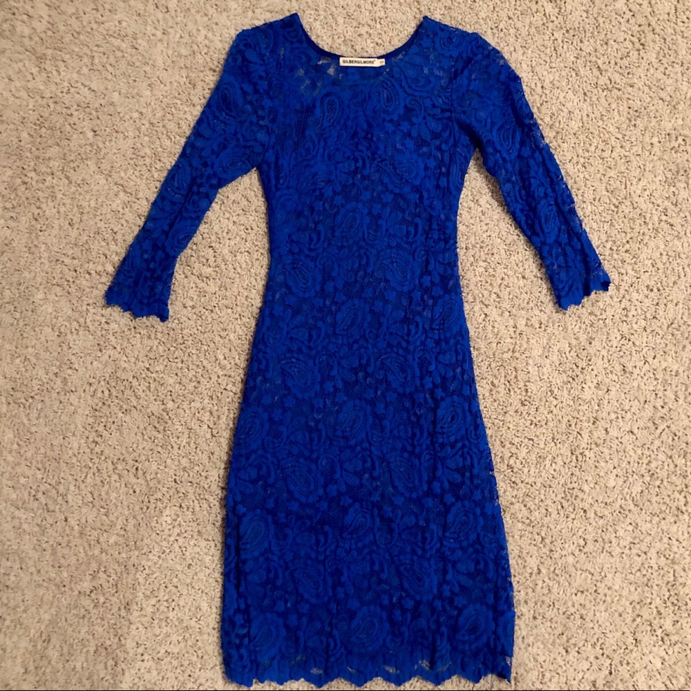 GilberGilmore blue lace backless dress